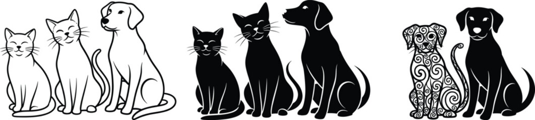 Cute cat and dog silhouettes pet animal vector illustration set with decorative design sitting kittens and puppies friendship concept