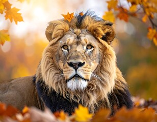 Regal lion amidst autumn leaves and golden light