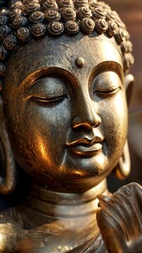 Serene Contemplation: An intimate portrait of a Buddha statue, radiating tranquility and inner peace. The figure's eyes are gently closed, symbolizing deep meditation, wisdom and spiritual awakening.