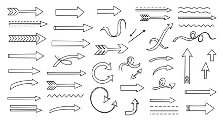 Set of hand drawn arrows collection of doodle sketch pointers, vector illustration line art direction signs