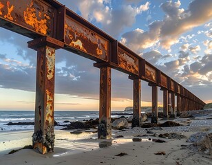 Rusty, abandoned structure extends into the ocean under a cloudy sky