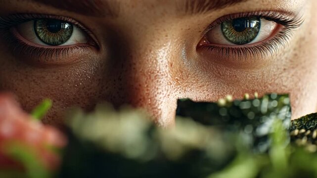 Sushi Serenity: An intimate close-up of a person's eyes, fixated on an array of colorful sushi rolls, hinting at a moment of focused appreciation and culinary delight.