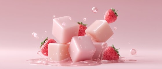 Floating Strawberry Milk Cube and Fresh Caramels on Pink Background