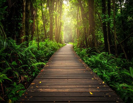 Wooden pathway through lush green forest