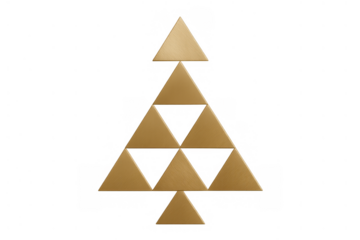Minimalist golden christmas tree made of triangular shapes on a transparent background, modern holiday concept