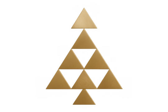 Minimalist golden christmas tree made of triangular shapes on a transparent background, modern holiday concept