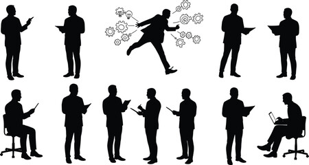 Business people silhouette, reading documents, digital device interaction, teamwork concept, gears and arrows icon, professional posture vector, productivity illustration