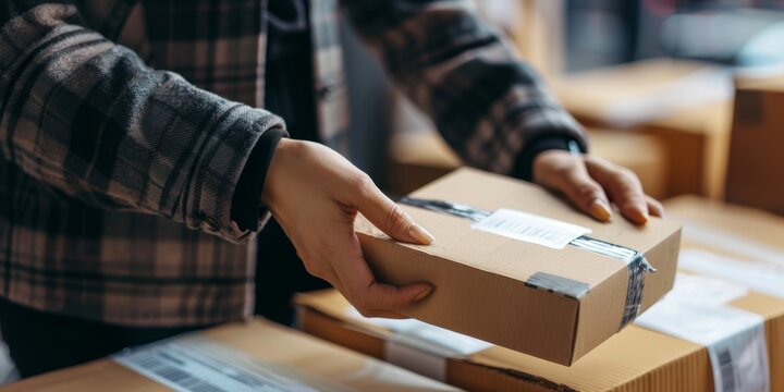 Person hands delivering cardboard package for shipping logistics