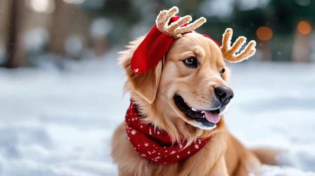 Dog with Christmas antlers sitting in snow while owner takes photo, pet holiday outfit, winter day outdoors