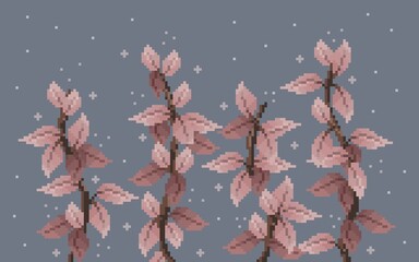 Pixelated illustration of slender branches with soft, pink and mauve leaves reaching upwards against a calm, with blue-gray background. Perfect for calm, atmospheric, lo-fi, or gaming backgrounds.