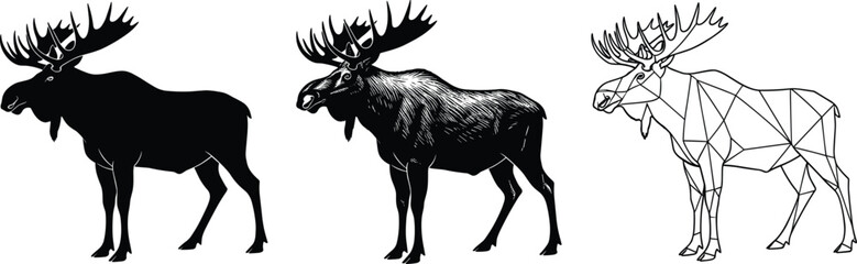 Powerful moose animal silhouettes detailed illustration and geometric polygon design wildlife nature vector art elk with antlers collection