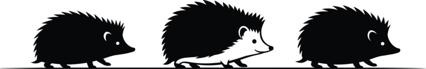 Cute hedgehog family silhouettes walking together forest wildlife small animal nature vector illustration black spiky hedgehog design artwork