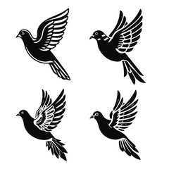 Flying bird silhouettes, dove vector icons, peaceful pigeon artwork, black white bird illustration, decorative avian design