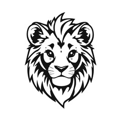 Vector illustration of lion head in black and white, wild animal portrait, wildlife symbol, lion head, wild cat, jungle animal, safari art, predator face