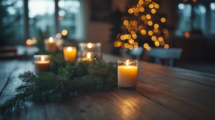 Minimalist Christmas cinematic scene of a wooden dinner table with simple candles and greenery