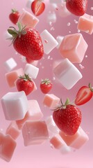 Floating Strawberries and Milk Cubes on Pink Background