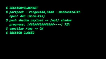 Mockup Hacker Terminal Screen with Cyber Attack Simulation terminal command. - Green neon text