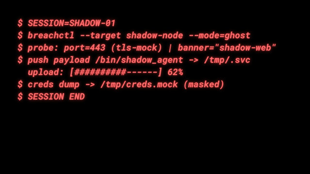 Mockup Hacker Terminal Screen with Cyber Attack Simulation terminal command. - Red neon text