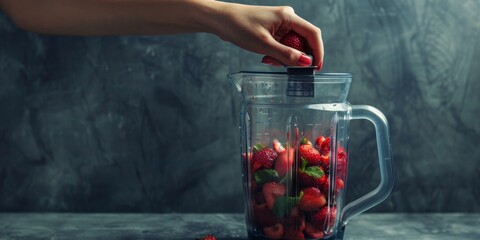 Woman making strawberry smoothie in blender for healthy drink