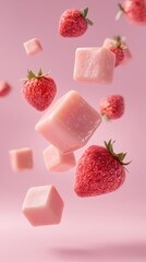Floating Strawberries and Cubes of Strawberry Milk in Air