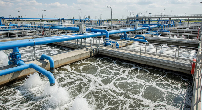 Modern industrial wastewater treatment plant with blue pipelines and aeration basins