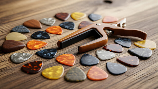 A vibrant collection of assorted guitar picks and a wooden capo are artfully arranged on a rustic wooden table showcasing a variety of colors and textures for musicians