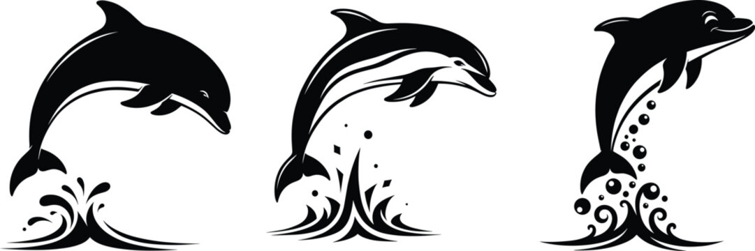 Three dolphin vector illustrations jumping out of ocean waves, perfect for marine life, aquatic animal, sea, and ocean-themed designs