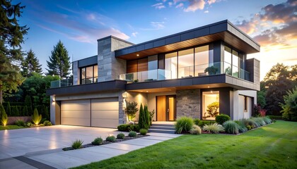 Fototapeta premium Modern architectural design of a stylish home with landscaped garden under a sunset sky
