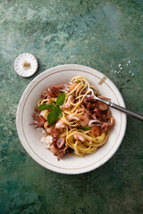 Spaghetti with seafood and basil