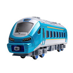 Blue and white train toy, front view