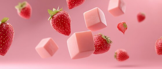 Fresh Strawberries and Strawberry Milk Cubes on Pink Background