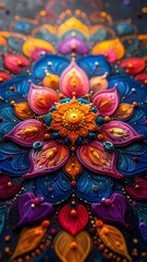 Fototapeta premium Vibrant mandala artwork featuring intricate floral patterns in bright colors on a dark background