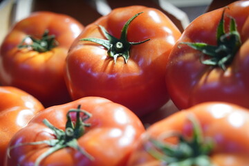 Tomatoes are collected in wooden boxes. Vegetable sale.
