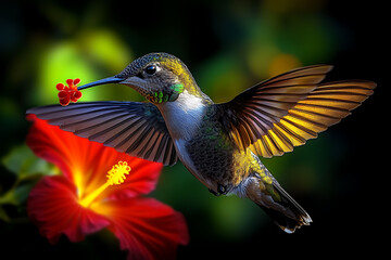 Fototapeta premium Vibrant hummingbird in flight, feeding from a bright red hibiscus flower. Stunning detail showcases iridescent feathers and a dynamic pose, perfect for nature, wildlife, or travel publications.