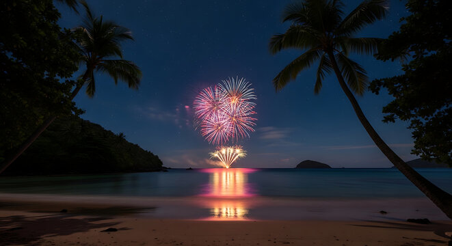 Spectacular fireworks illuminating the night sky over a tranquil tropical beach at twilight