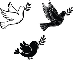 Three flying doves holding olive branches black and white vector illustration, peace bird symbol design for freedom, hope, and love art
