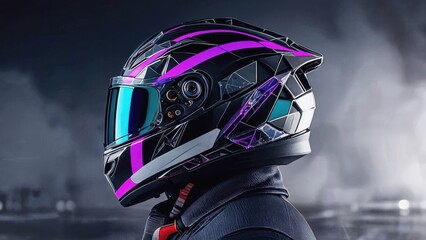 Futuristic hybrid helmet design featuring a sleek cyberpunk aesthetic with neon accents and high-fashion technology.