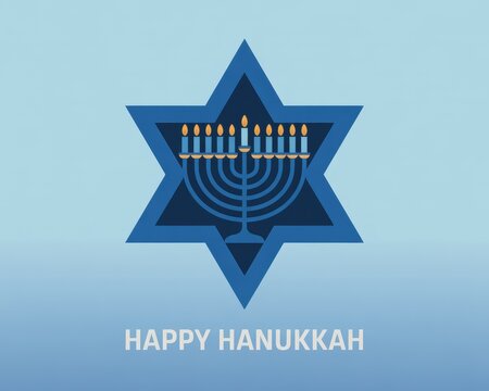 A hanukkah themed image featuring a star of david and a lit menorah on a blue background