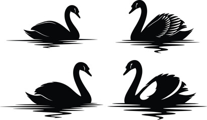Elegant swan silhouette collection swimming on calm water, perfect for nature art, wildlife illustration, and minimalist vector design themes