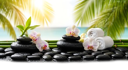 Tranquil spa oasis with orchids and smooth stones by the ocean