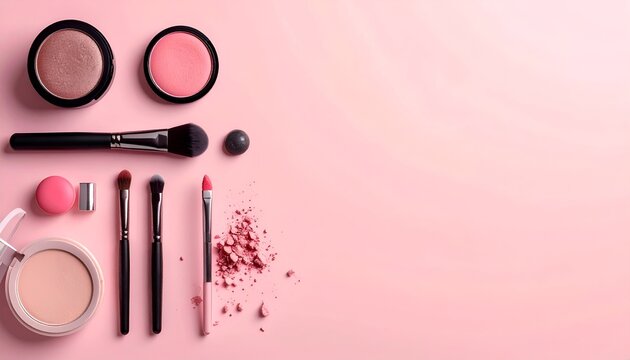 A beautifully arranged collection of makeup products on a soft pink background, perfect for beauty enthusiasts