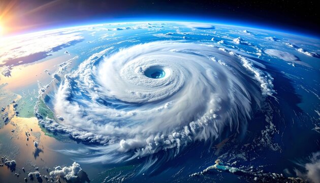 Powerful hurricane seen from space with a clearly defined eye, swirling clouds