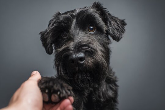 Black schnauzer dog offering paw to human hand in friendly gesture against plain background - Powered by Adobe