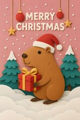 A cute capybara wearing a Santa hat surrounded by Christmas trees and presents