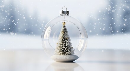 Christmas tree inside clear ornament with snowy background