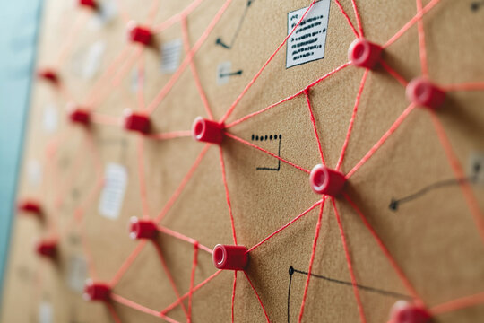 A close up abstract view of a corkboard with a network of orange strings connecting red pushpins suggesting connections ideas and planning
