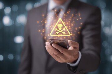 Businessman faces urgent alert on smartphone while dressed in suit in modern office setting amidst glowing digital warnings