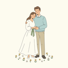 Cute Wedding Couple Holding Hands Illustration
