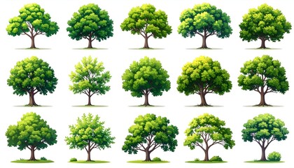 Fototapeta premium Collection of diverse tree illustrations showcasing various shapes, sizes, and foliage types in a natural setting