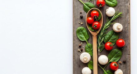 Fresh ingredients arranged artfully on a wooden surface